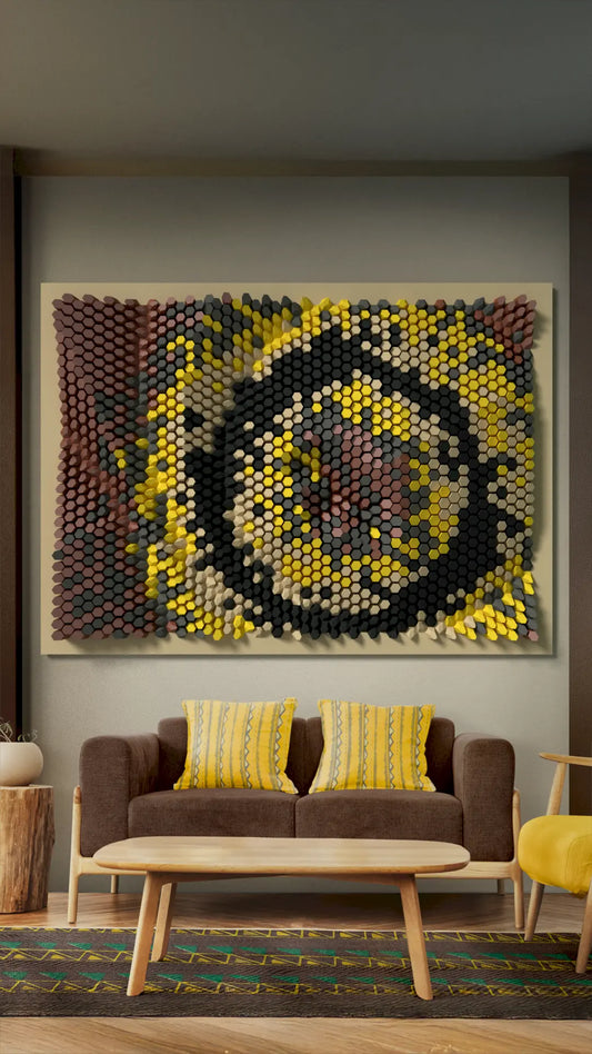 Modern living room with a decorative DIY 3D paper wall art piece above a sofa. 