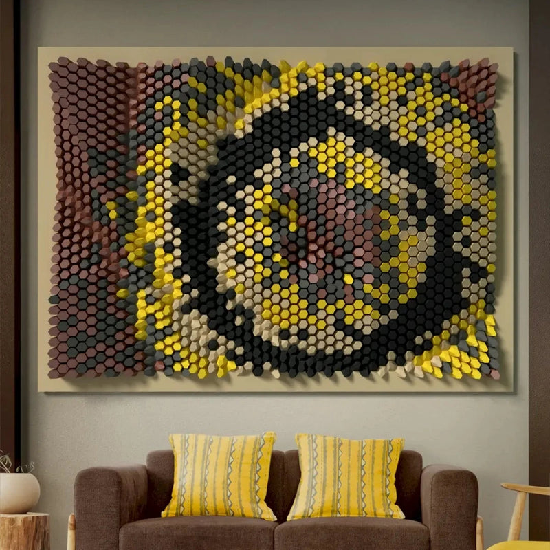 Modern living room with a decorative DIY 3D paper wall art piece above a sofa. 