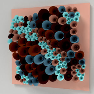 Modern abstract wall art with fluid surfaces and repeating cavities, assembled through paper folding and paper cutting.