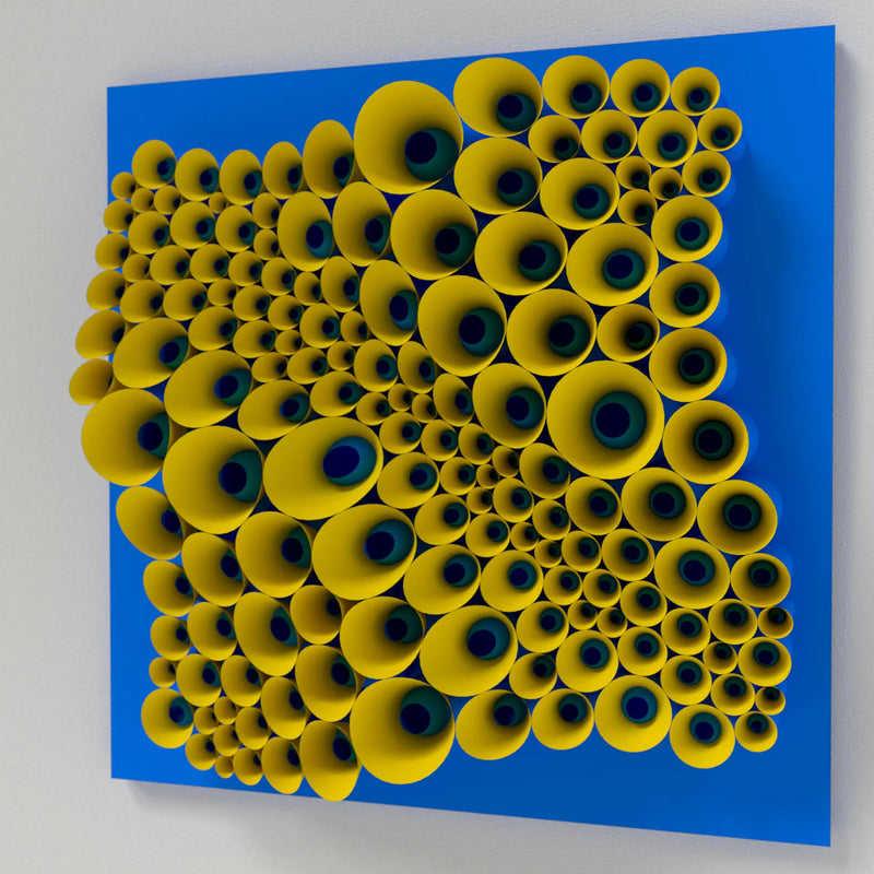 Geometric paper installation made from lightweight cone structures, creating a decorative organic pattern for interiors.