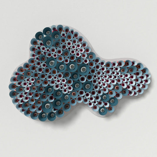 Trypophobia-inspired paper folding wall art made from folded cones forming an organic porous surface pattern.