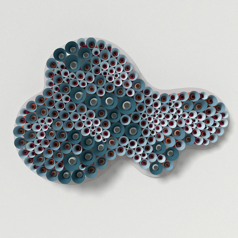 Trypophobia-inspired paper folding wall art made from folded cones forming an organic porous surface pattern.