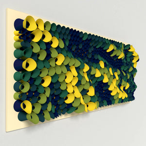 Organic geometric wall art assembled from paper-folded cones, producing a trypophobia-like decorative surface.