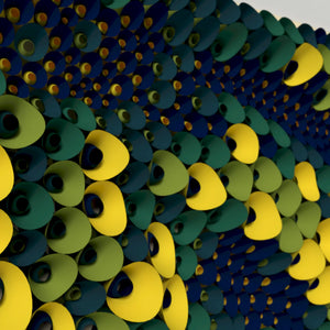 Abstract geometric wall art created from paper cones, featuring curvy shapes, circular openings, and a fluid organic design.