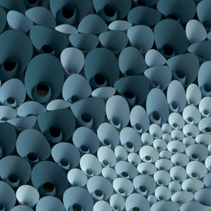 Modern abstract wall art with fluid surfaces and repeating cavities, assembled through paper folding and paper cutting.