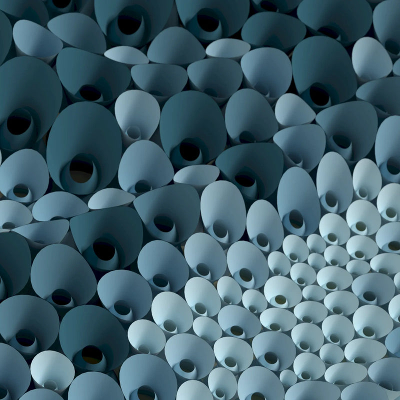 Modern abstract wall art with fluid surfaces and repeating cavities, assembled through paper folding and paper cutting.