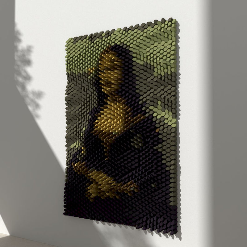Artistic representation of a famous painting recreated using a grid of black and green tiles. Mona Lisa 3D mosaic wall art parametric design 3D Printed Wall art Paper folding