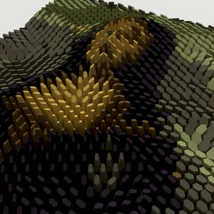 Close-up of a textured surface with geometric patterns in green, brown, and black. Mona Lisa 3D mosaic wall art parametric design 3D Printed Wall art Paper folding
