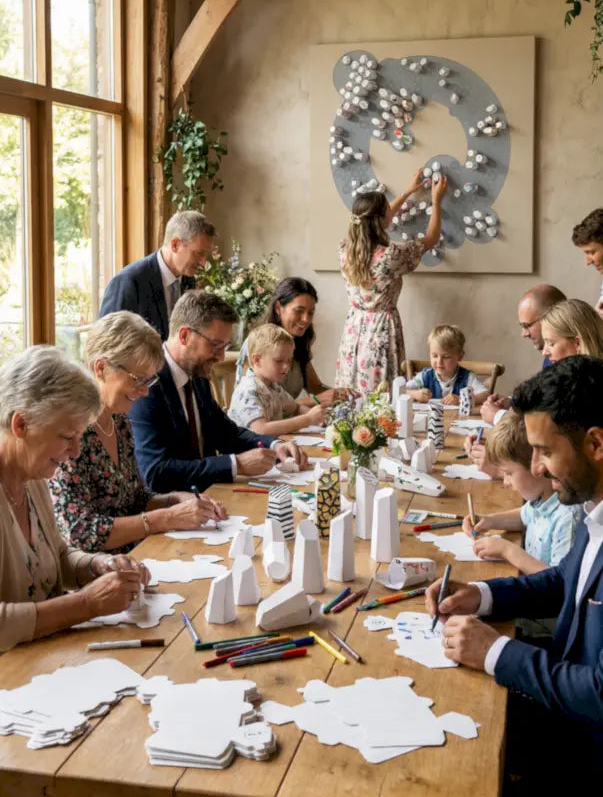 Wedding guest book alternative — guests building wall art together, Paragami