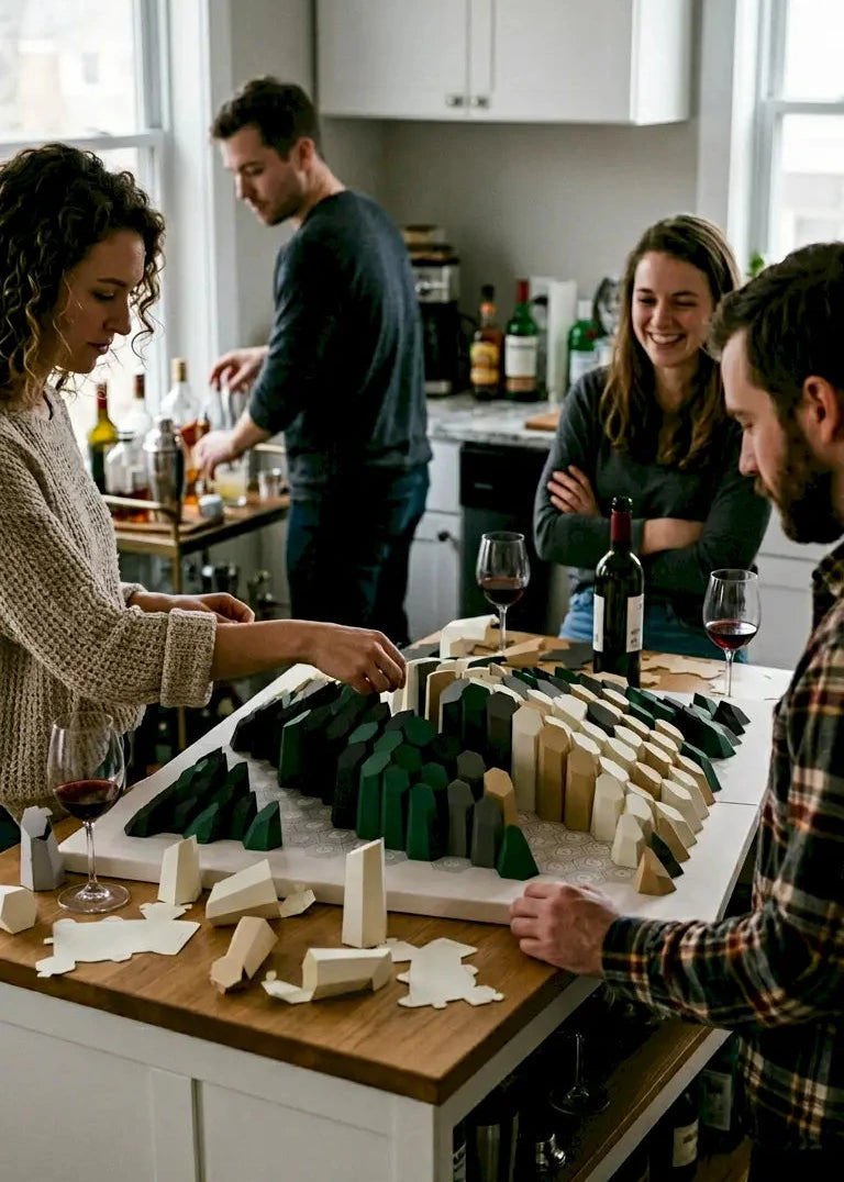 Friends assembling HEXSPIRE paper kit blocks together in the kitchen creating geometric wall art — fun creative activity, Paragami
