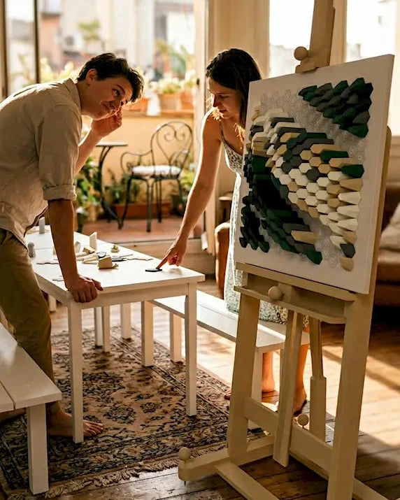 Couple assembling HEXSPIRE paper kit blocks together at home — relaxing offline weekend activity, Paragami