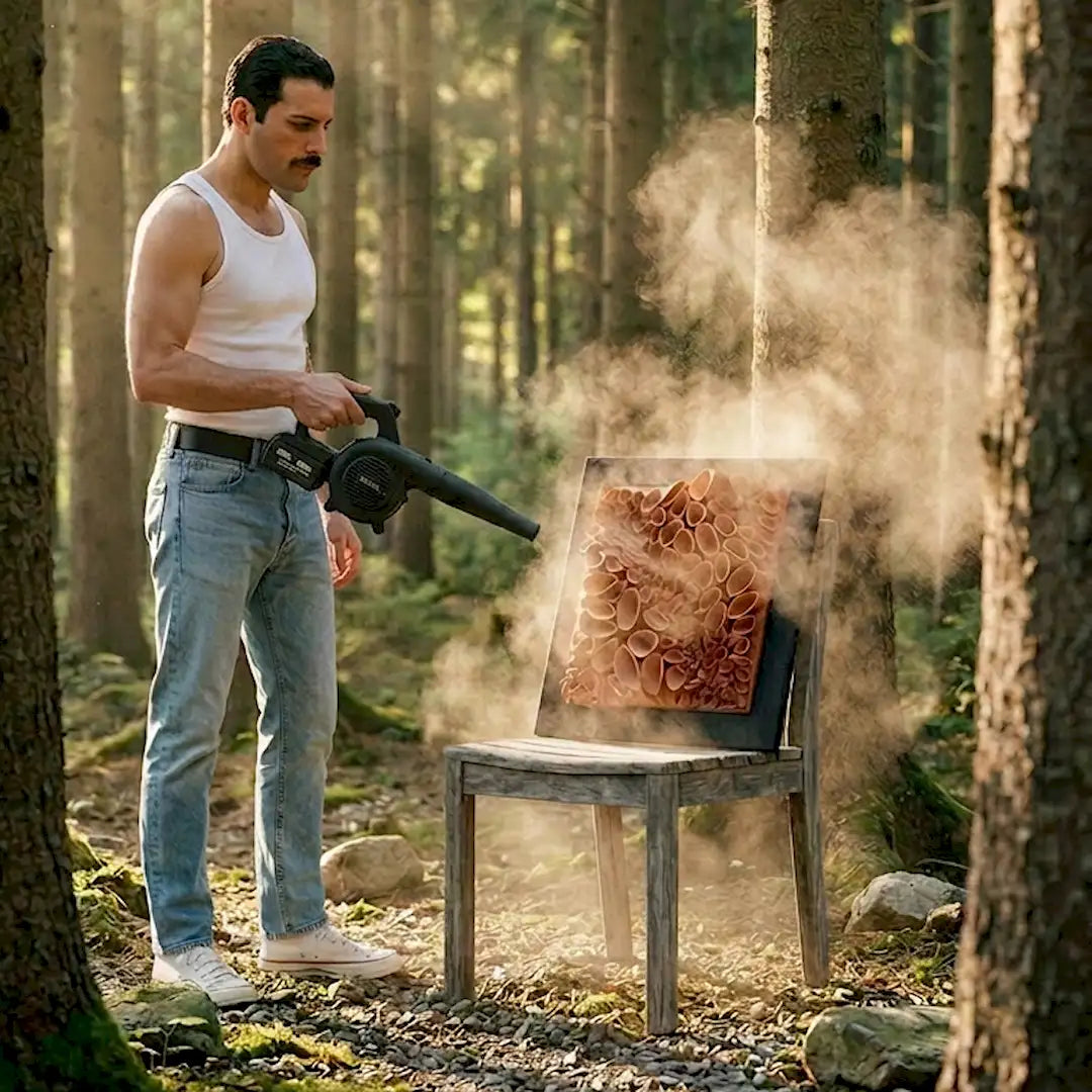 Leaf blower removing dust from wall art outdoors